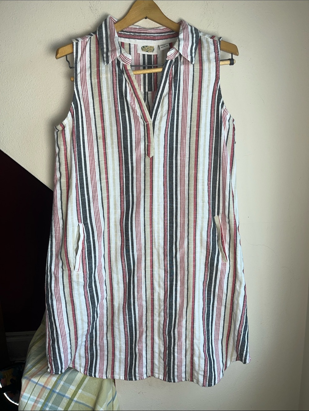 Sleeveless Striped Cotton Blend Tunic Dress - Red, Black, Cream L